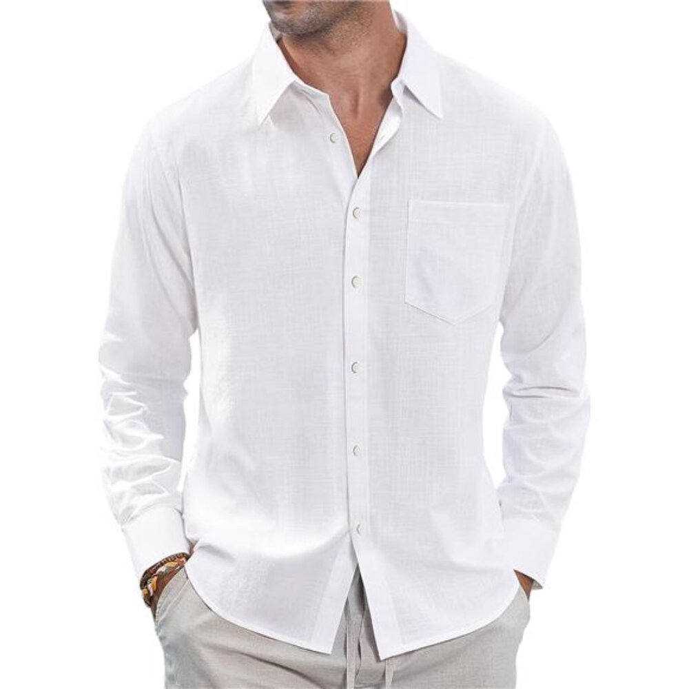 Men's Linen Shirts Casual Button Down Long Sleeve Shirt Solid Spread